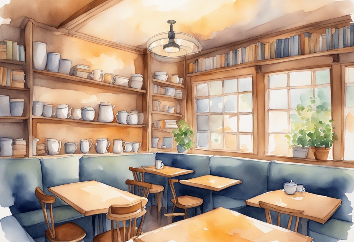 A cozy cafe with steaming mugs, bookshelves, and soft lighting