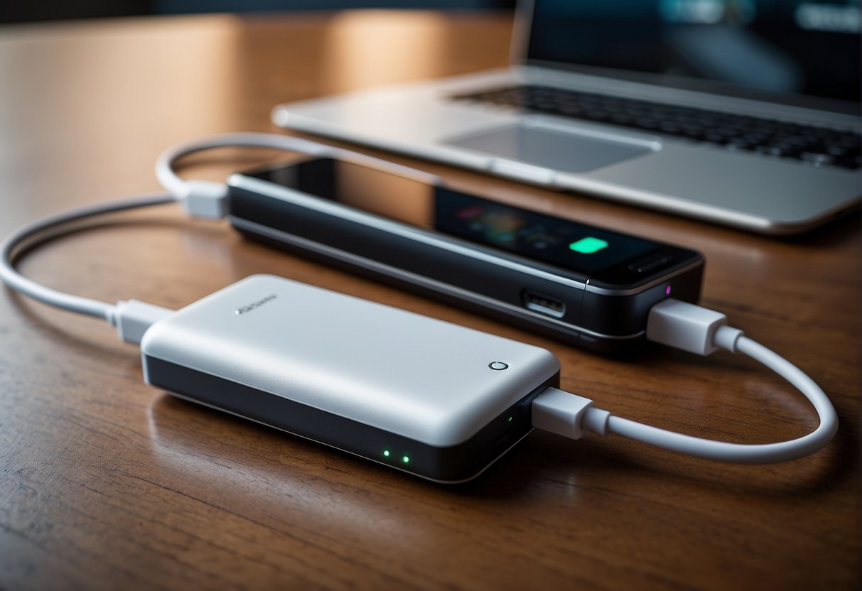 A portable power bank sits on a desk, connected to a charging cable. Its sleek design and compact size make it easy to carry