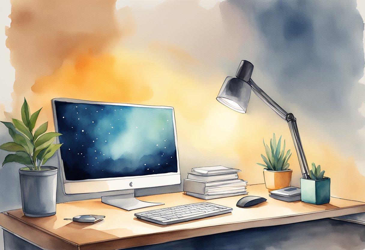 A sleek, modern office desk with a computer, notebook, and pen. A minimalist desk lamp casts a warm glow on the workspace