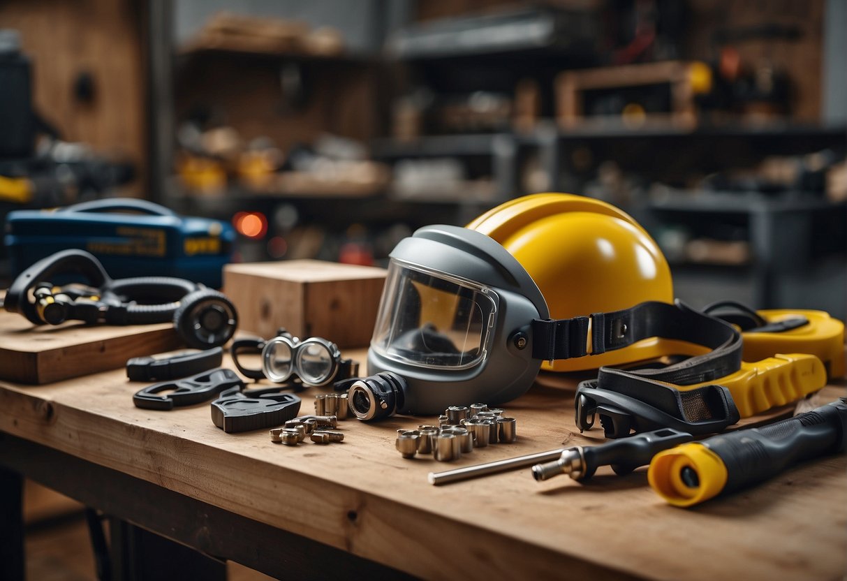 A workbench with various power tools scattered around, safety goggles and gloves nearby. A warning sign about the hazards of power tools