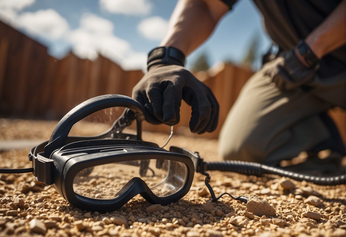 Power tools scattered on the ground, cords tangled. Sawdust in the air, goggles and ear protection discarded. A hand reaching for a spinning blade