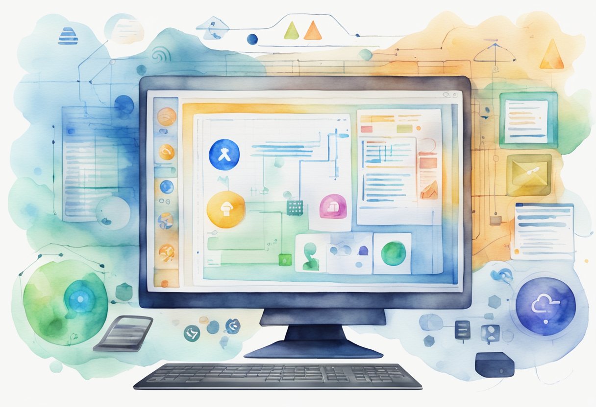 A computer screen displaying various software tools for integration, surrounded by icons and data flow diagrams