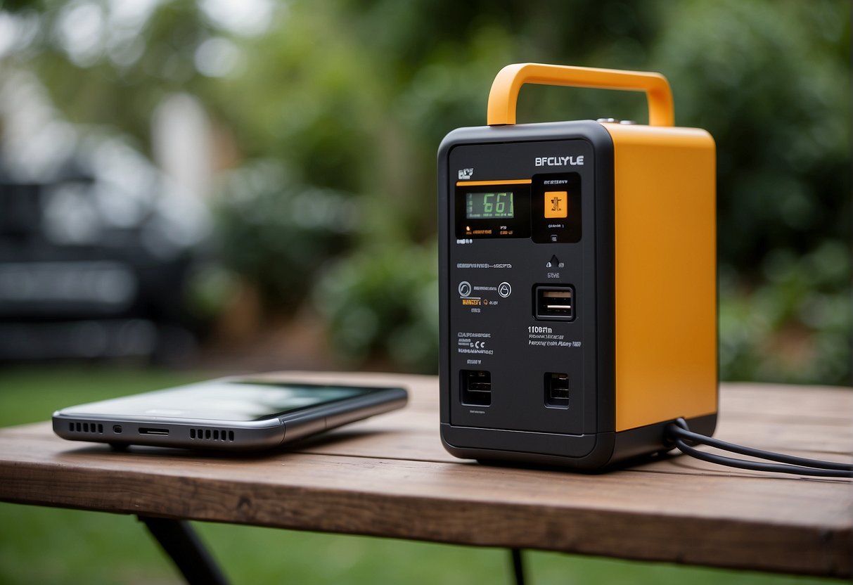 A portable power station sits outdoors, charging and discharging energy over time, surrounded by various electronic devices