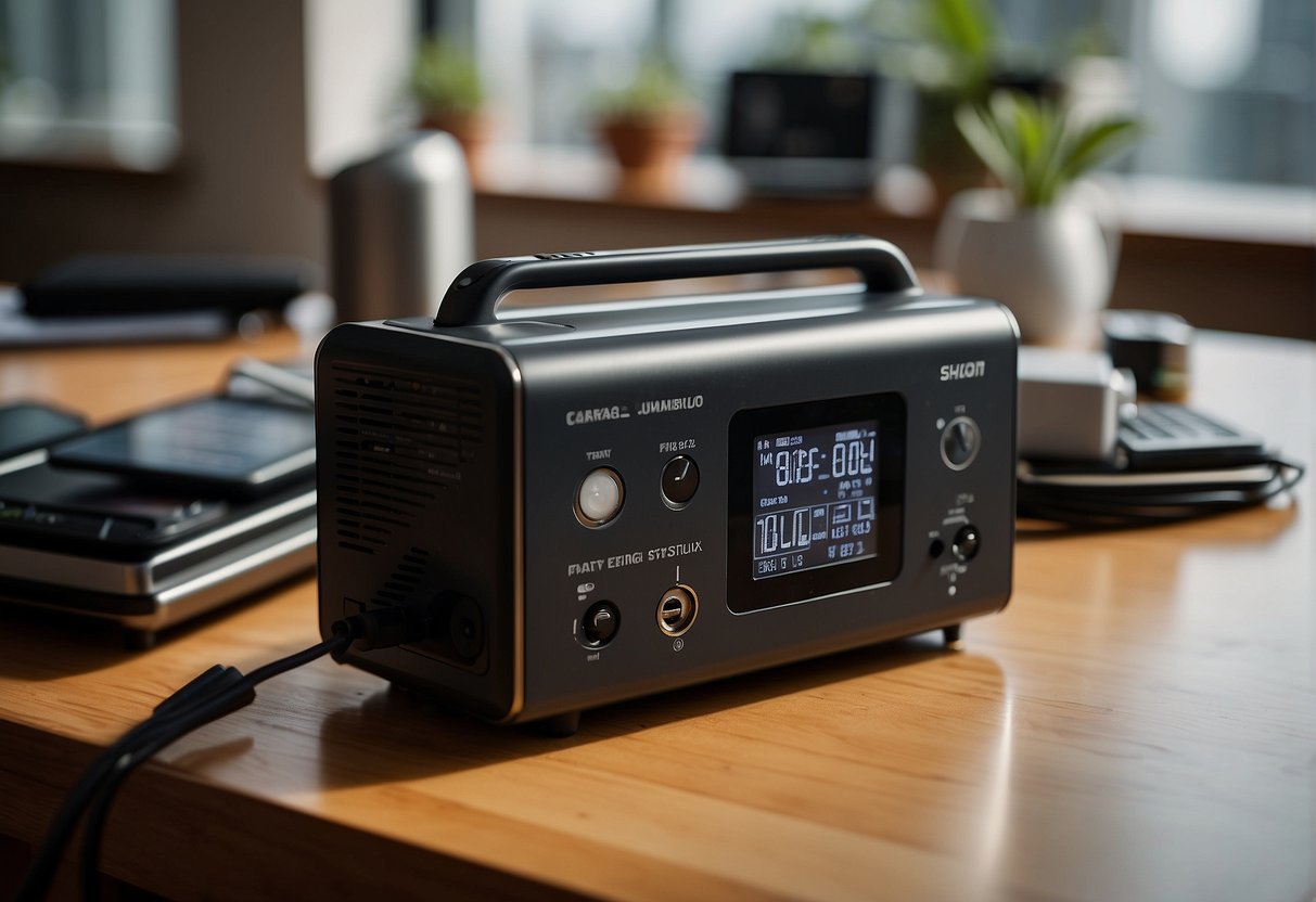 A portable power station sits on a table, surrounded by various electronic devices. The station's battery level indicator shows full charge, and a solar panel is connected for recharging