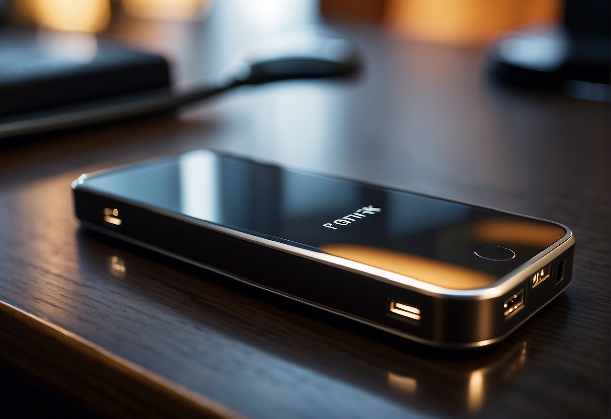 A power bank with lithium batteries, connected to a charging cable, sits on a desk next to a smartphone