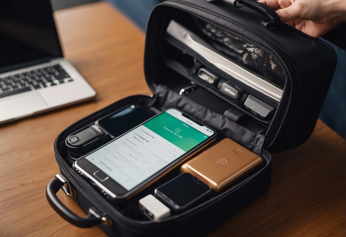 A scene of a person packing a suitcase, with a visible portable power bank inside, while looking at a list of airline regulations