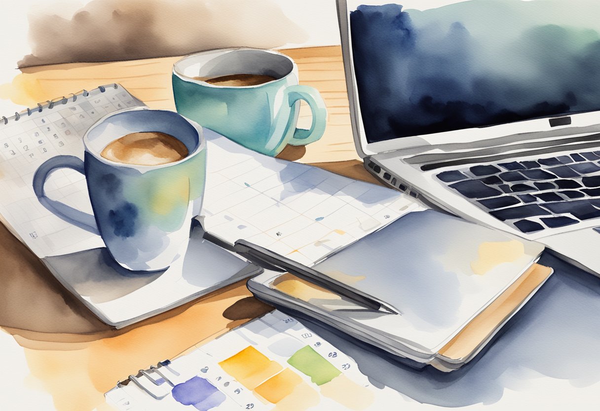 A laptop on a desk with a calendar showing Saturday and Sunday. A cup of coffee and a notepad with a pen next to the laptop