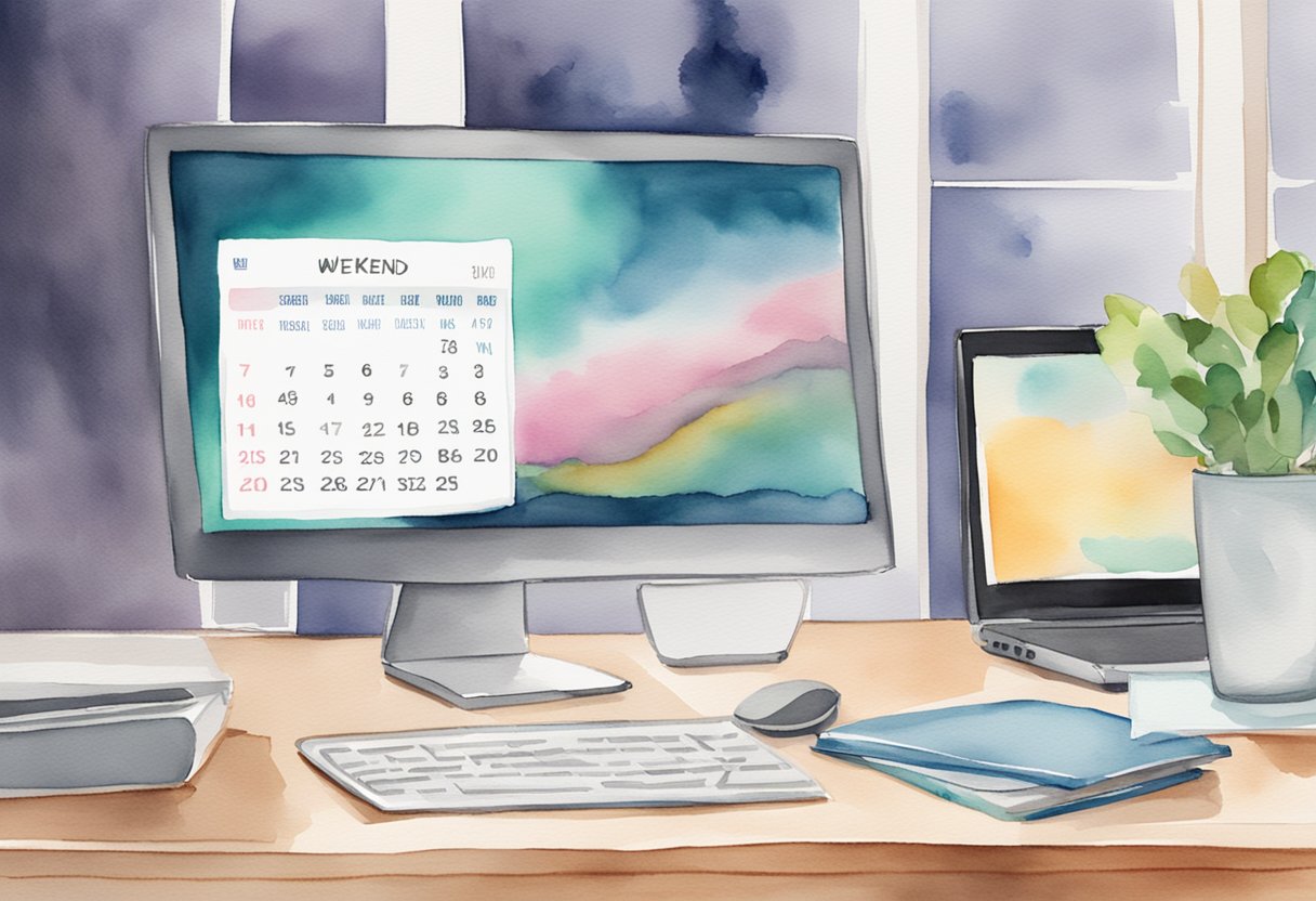 A computer on a desk with a website open displaying "Online Weekend Jobs". A calendar showing Saturday and Sunday