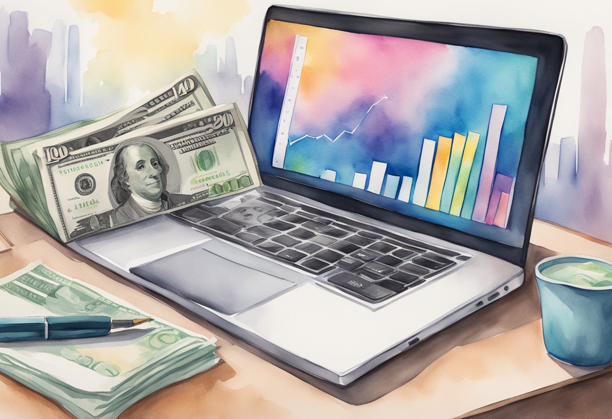 A laptop displaying a graph with an upward trend. A stack of dollar bills and a calculator sit nearby