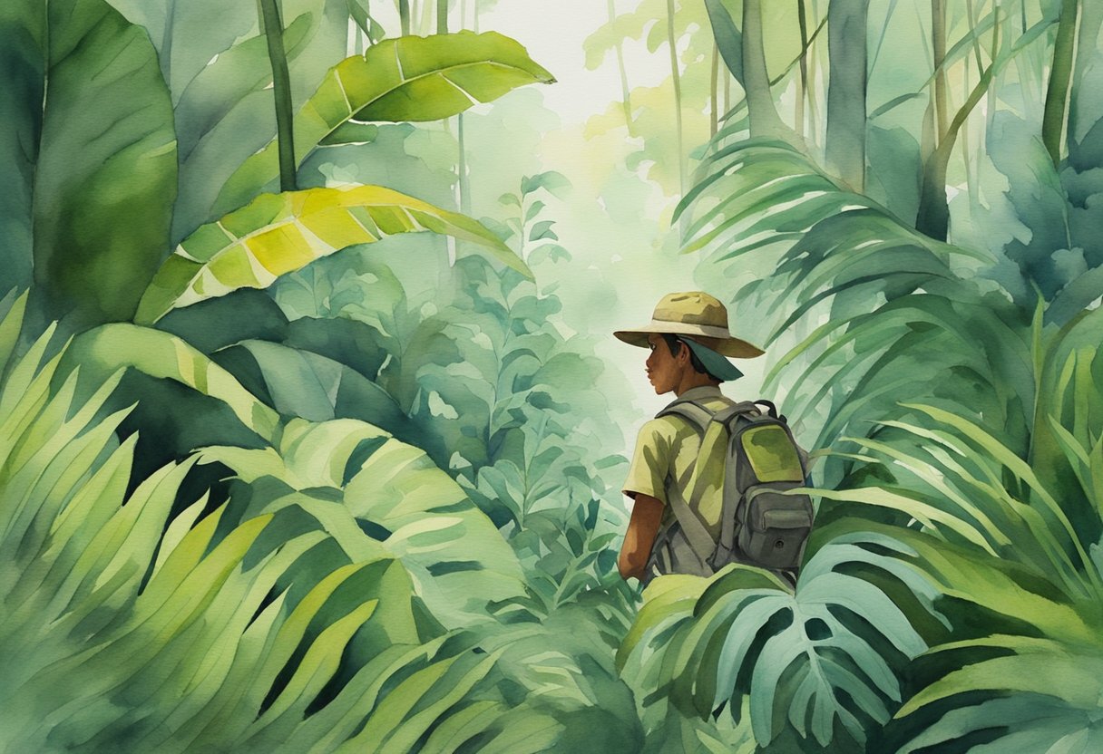 A jungle scout peers through dense foliage, surveying the vibrant flora and fauna below