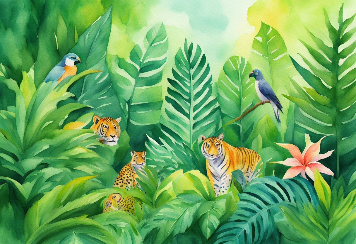 The Jungle Scout logo stands out against a lush green jungle backdrop, with exotic animals and vibrant plant life surrounding it