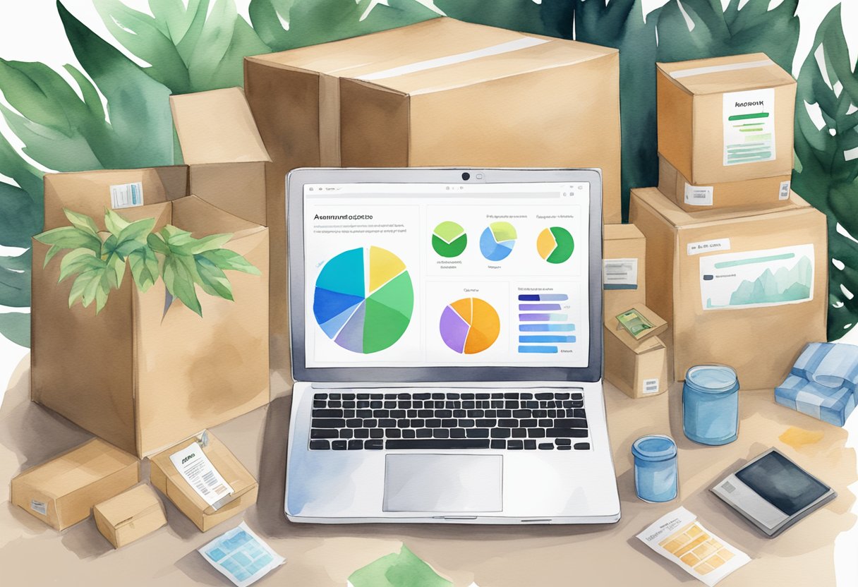 A laptop displaying Jungle Scout's Amazon selling analytics, surrounded by packaging materials and shipping boxes