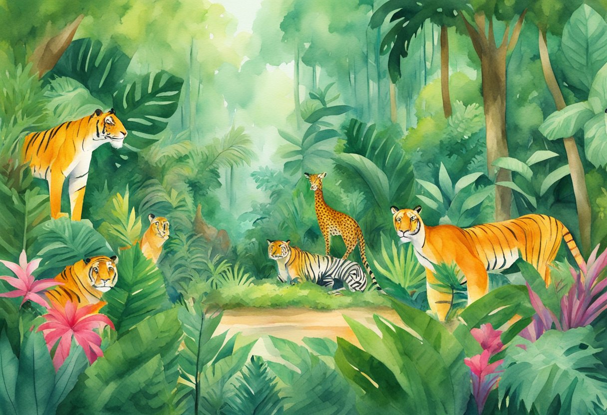 Vibrant jungle setting with Jungle Scout logo prominently displayed, surrounded by competitors' logos in the background. Lush greenery and exotic animals add depth to the scene