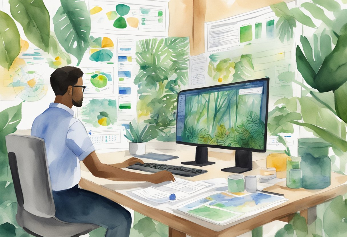 A jungle scene with a computer displaying Jungle Scout's interface, surrounded by research notes and charts, with a person using the software to analyze product data