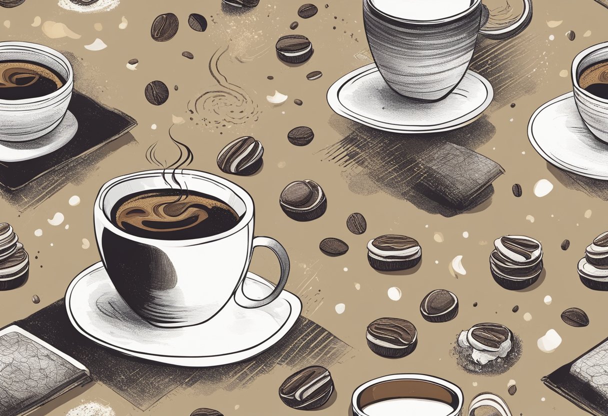 A steaming cup of coffee sits on a table, surrounded by scattered coffee grounds. A pattern of shapes and symbols emerges from the grounds, hinting at a mysterious fortune