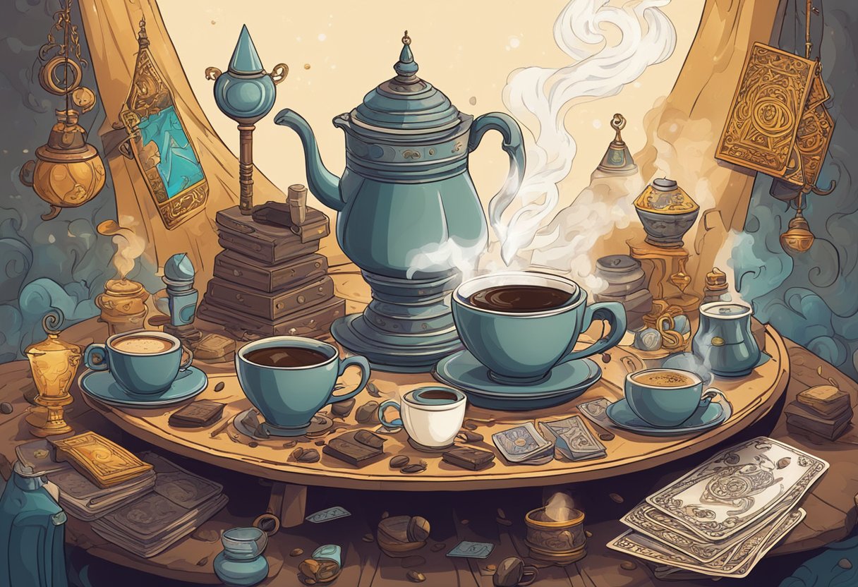 A table set with various coffee brewing tools, surrounded by mystical symbols and tarot cards. A steaming cup of coffee sits in the center, ready for fortune telling