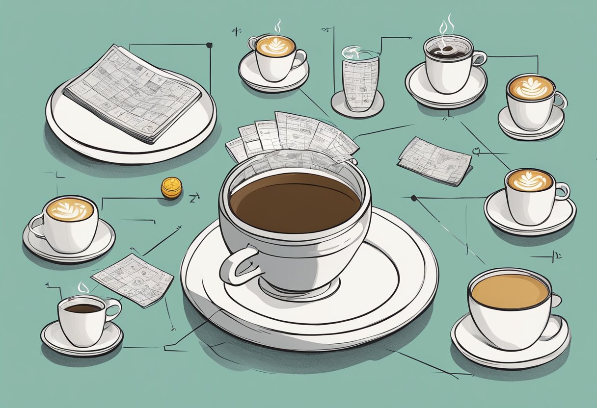 A table with a cup of coffee divided into sections, each labeled with symbols. A fortune teller's hand hovers over the cup, ready to interpret the patterns