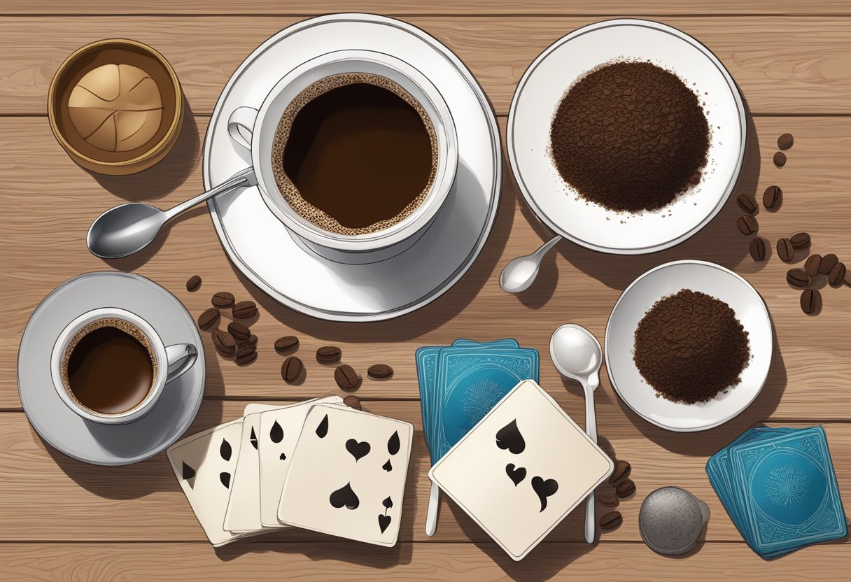 A table set with Turkish coffee cup, saucer, and spoon, surrounded by scattered coffee grounds and a deck of fortune-telling cards