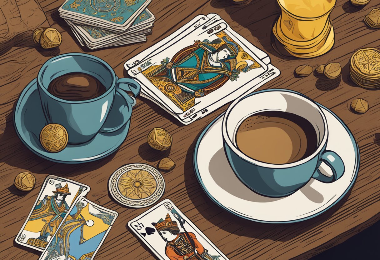 A table set with a cup of coffee, a saucer, and a deck of tarot cards. A sign reads "Ethics and Responsibility in Fortune Telling."