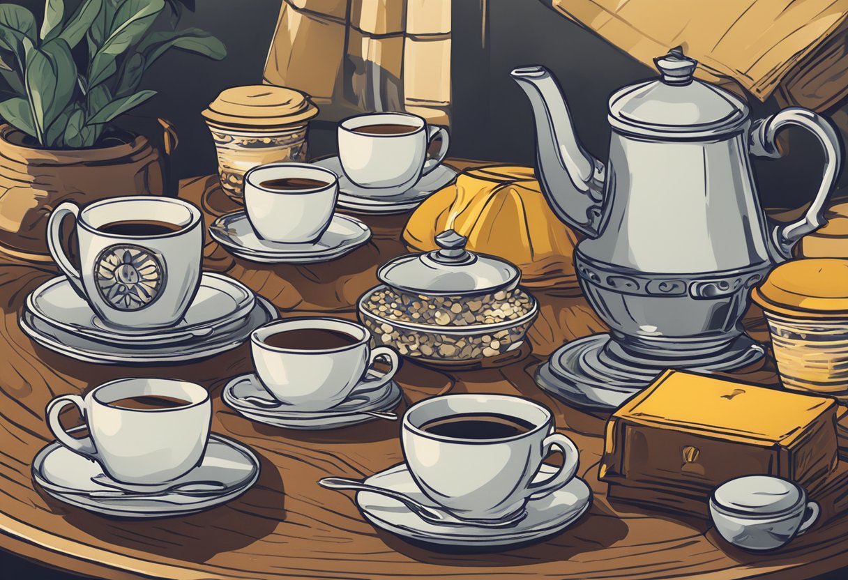 A table set with various coffee cups, saucers, and a small pot. A deck of tarot cards spread out on the table next to the coffee paraphernalia