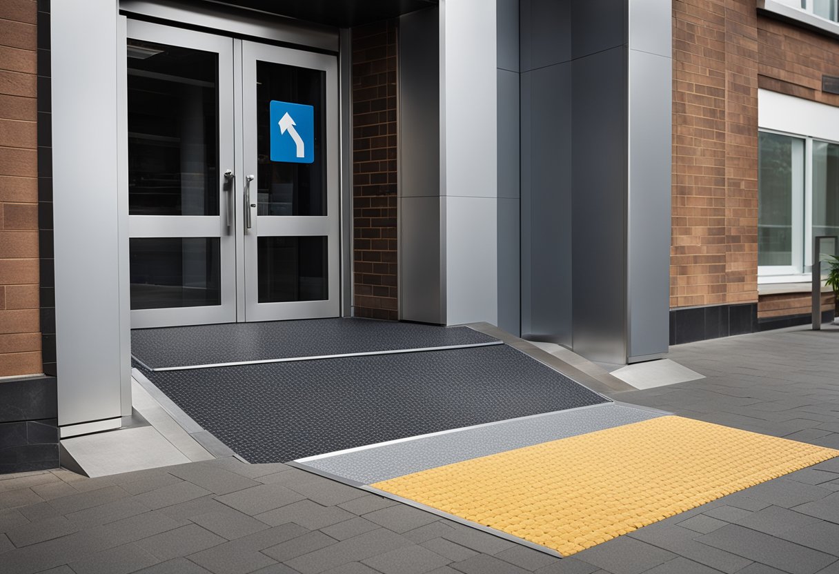 A wheelchair-accessible ramp leads to a building entrance, with tactile paving and clear signage for visually impaired individuals