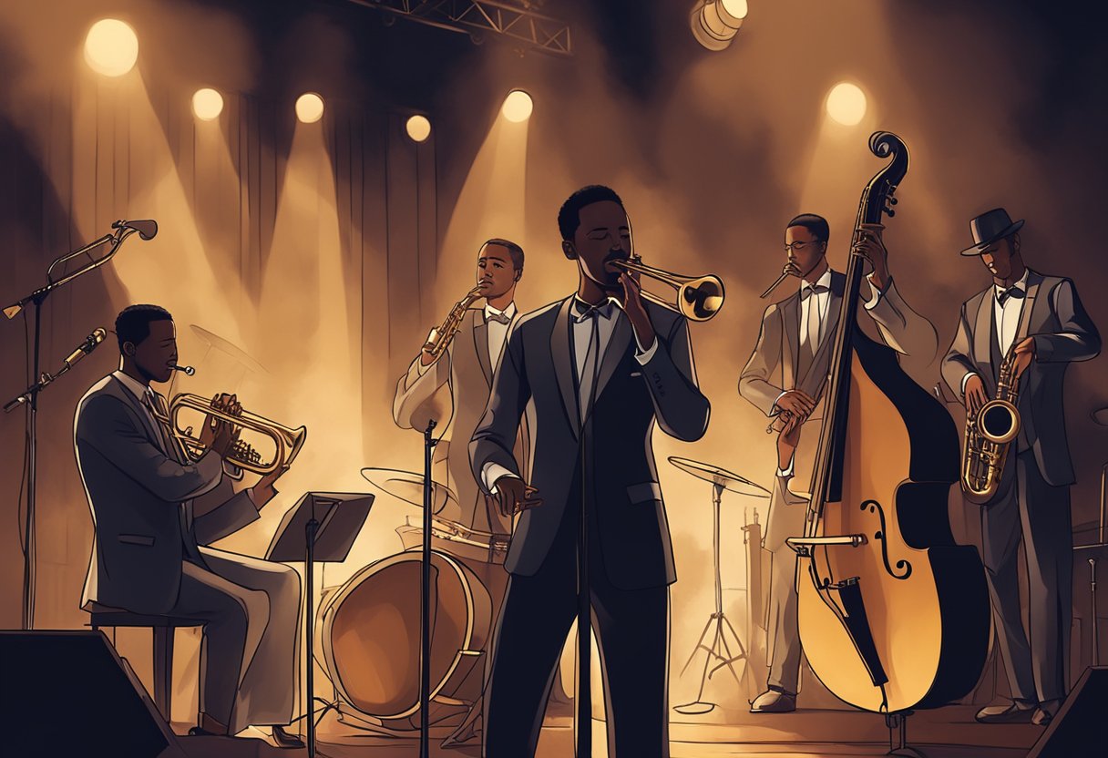 A jazz band performs on stage, with a saxophone, trumpet, and double bass in the foreground. The atmosphere is smoky and dimly lit, creating a moody and intimate setting
