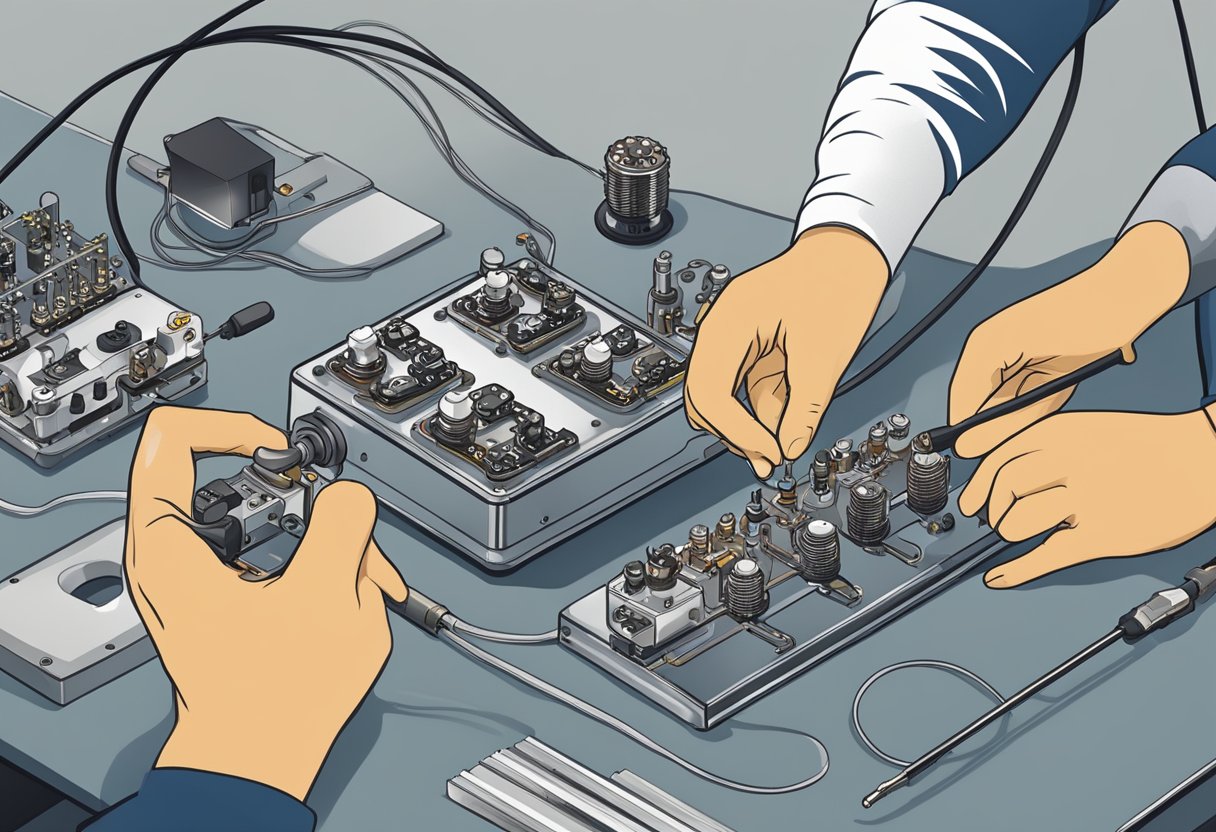 Guitar pedal assembly: parts being soldered, wired, and tested by workers in a factory