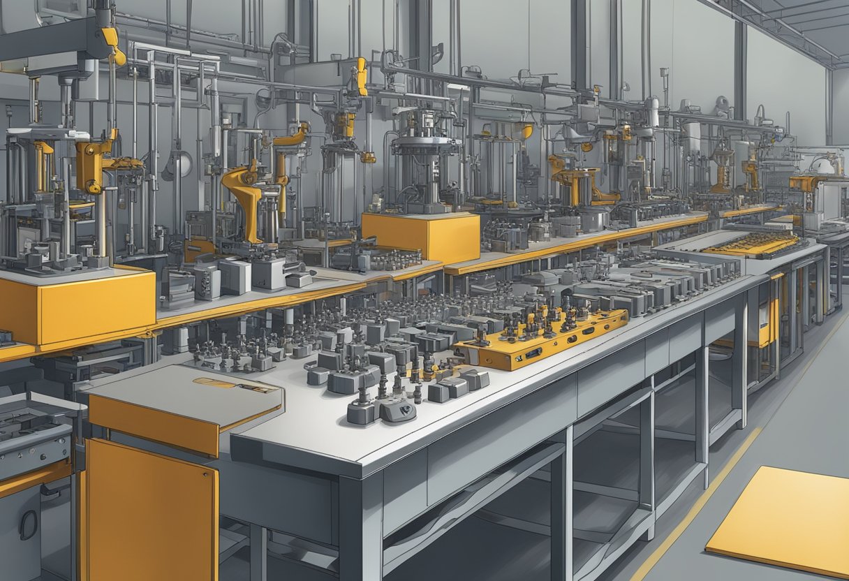 Machinery molds, shapes, and assembles guitar pedals in a factory setting