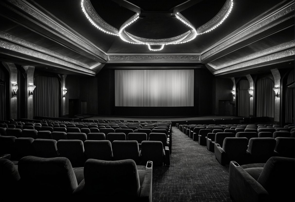 A Dimly Lit Movie Theater With Rows Of Velvet Seats And A Large Silver Screen Showing A Black And White Film From The 1940S