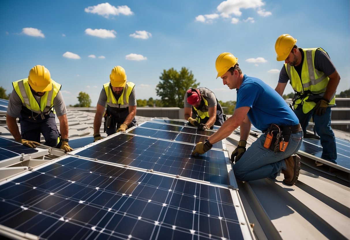 A solar panel system being installed on a rooftop with workers assembling and securing the panels in place