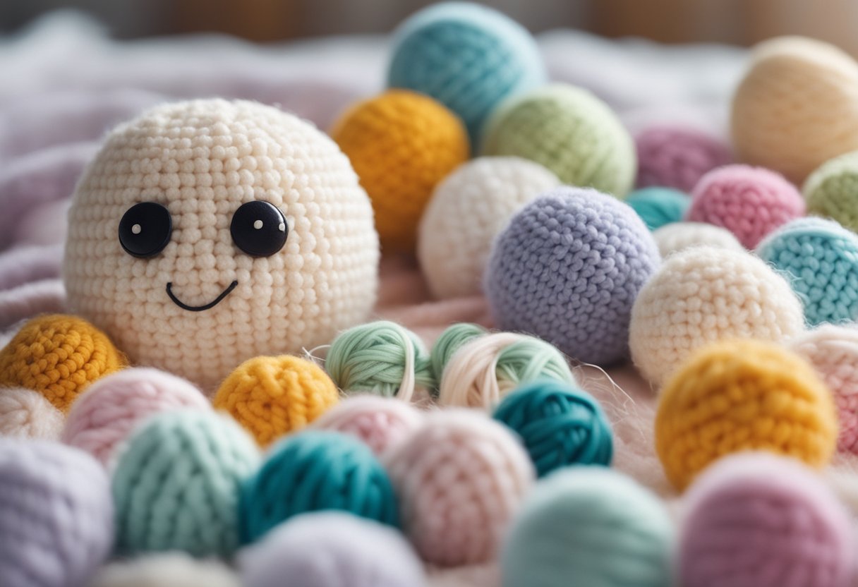 Colorful amigurumi baby toys arranged on a soft, pastel-colored blanket with scattered crochet hooks and yarn balls