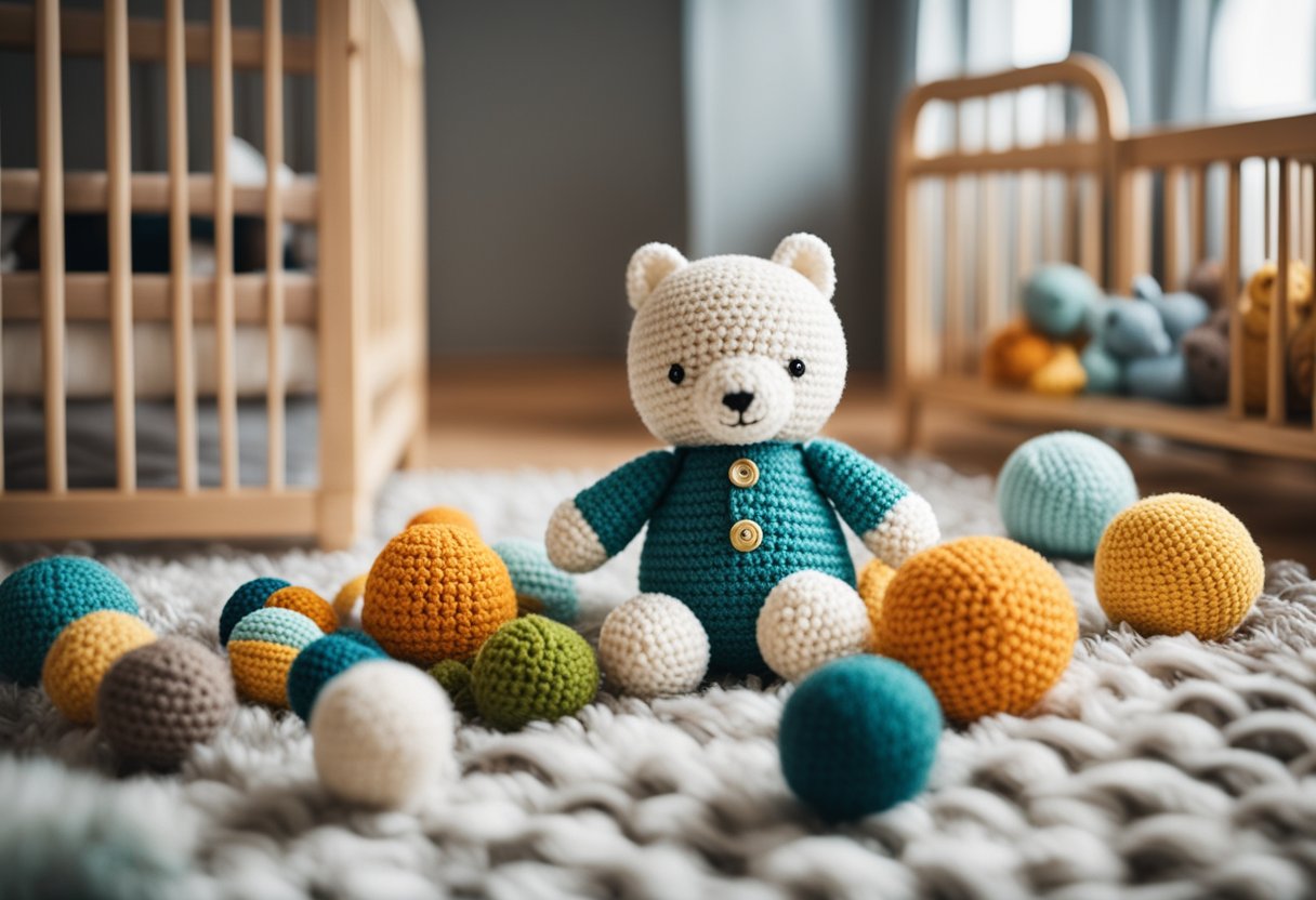A cozy nursery with colorful amigurumi toys scattered on a soft rug, alongside a crib and baby mobile