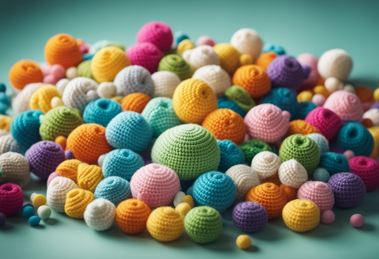 A pile of colorful amigurumi baby toys surrounded by question marks