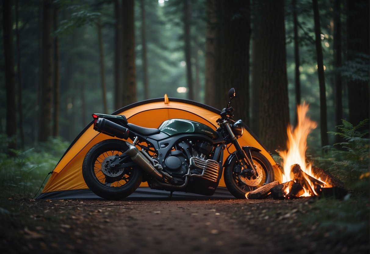 A motorcycle camping tent is pitched in a serene forest clearing, surrounded by tall trees and a crackling campfire. The tent is compact and durable, with a motorcycle parked nearby