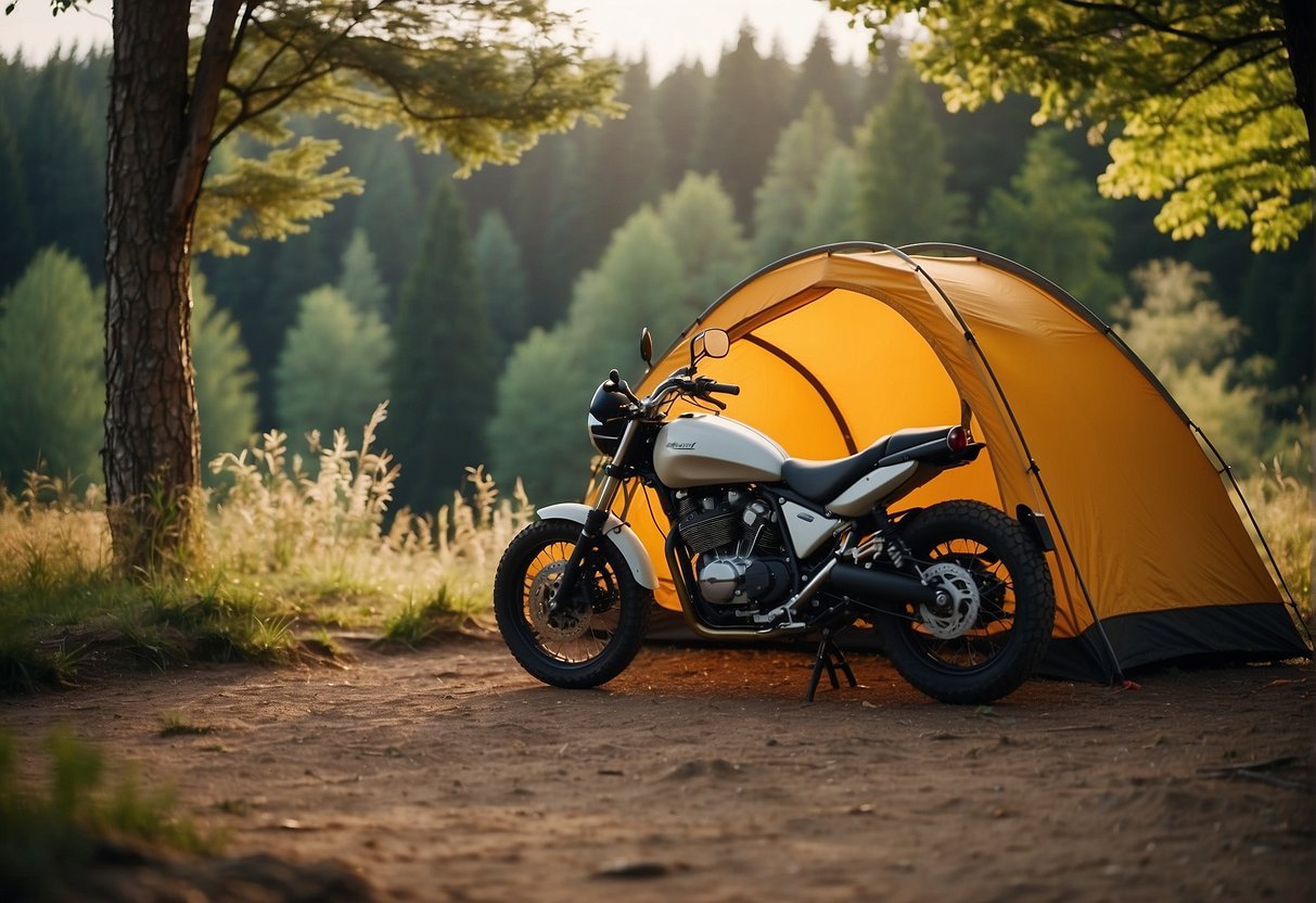 A motorcycle parked next to a small, lightweight tent in a secluded camping spot with a beautiful natural backdrop