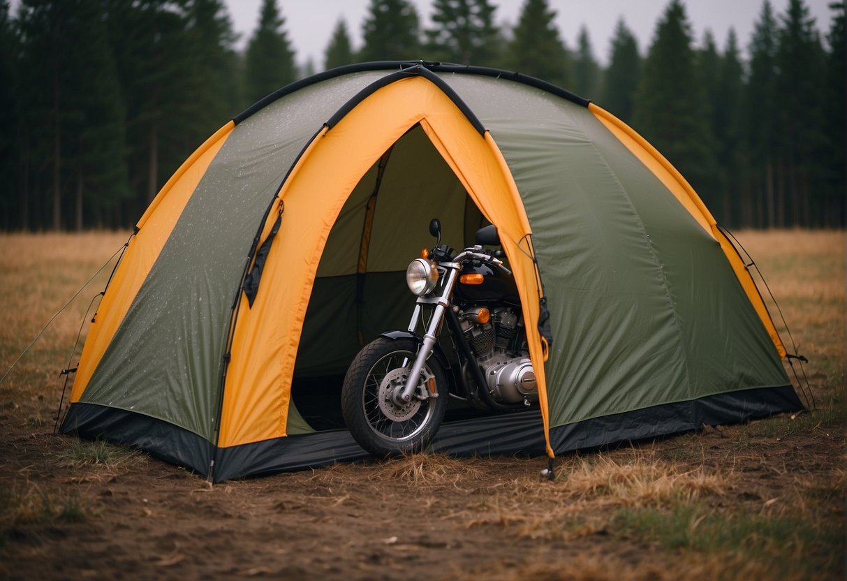 A motorcycle camping tent in various weather conditions: rain, wind, sun, and snow