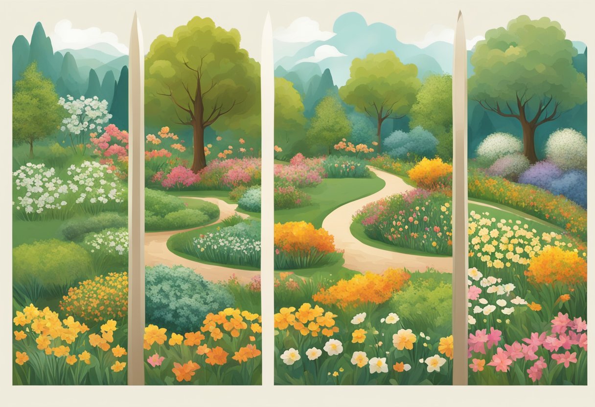 A garden divided into four sections, each representing a different season. The first section shows spring with blooming flowers, the second section depicts summer with lush greenery, the third section displays autumn with falling leaves, and the fourth section represents winter with bare