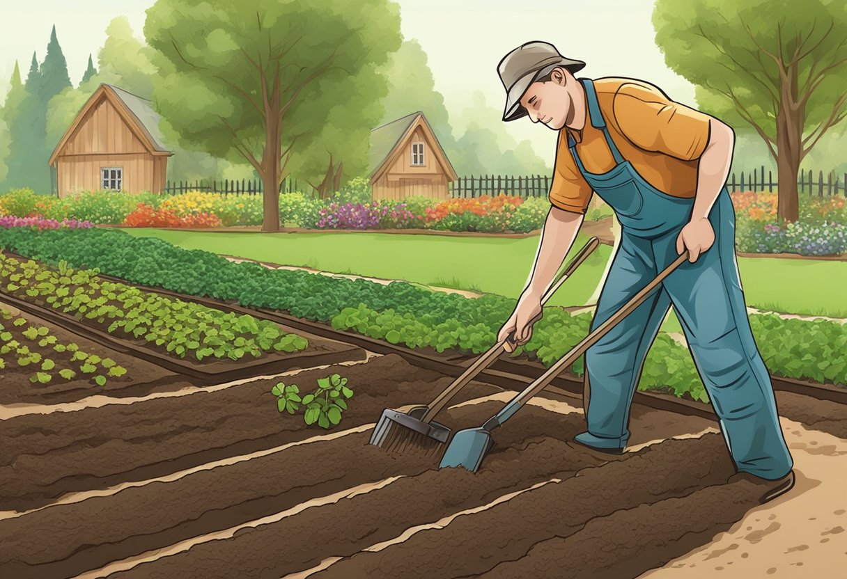 The gardener tills the soil, mixes in fertilizer, and creates rows for planting, preparing the garden for the upcoming season