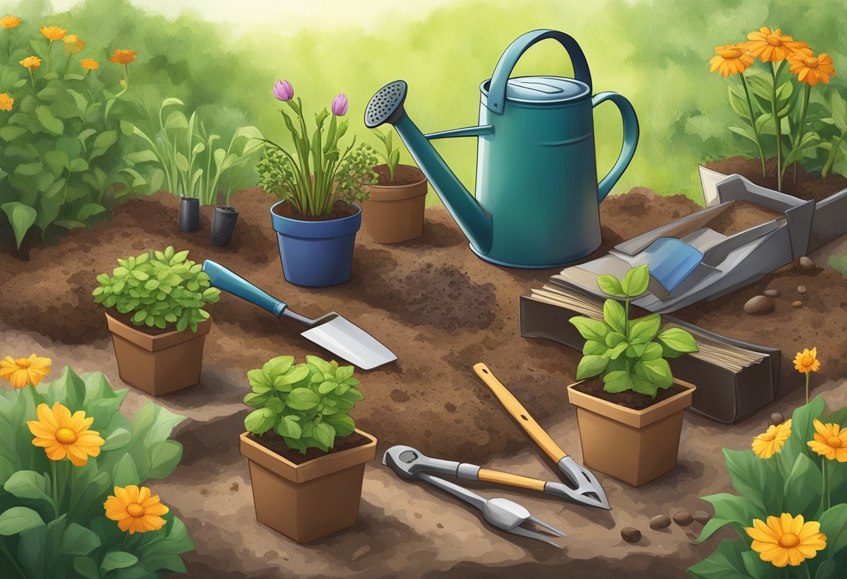 A bare patch of earth, tools scattered, seeds and seedlings ready for planting, a watering can, and a stack of gardening books