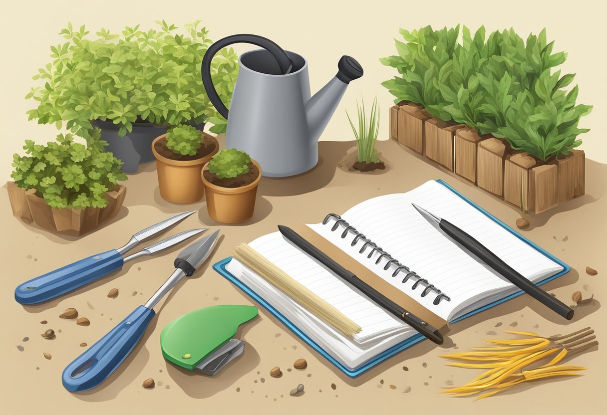 A blank plot of land with gardening tools, seeds, and a notebook for planning