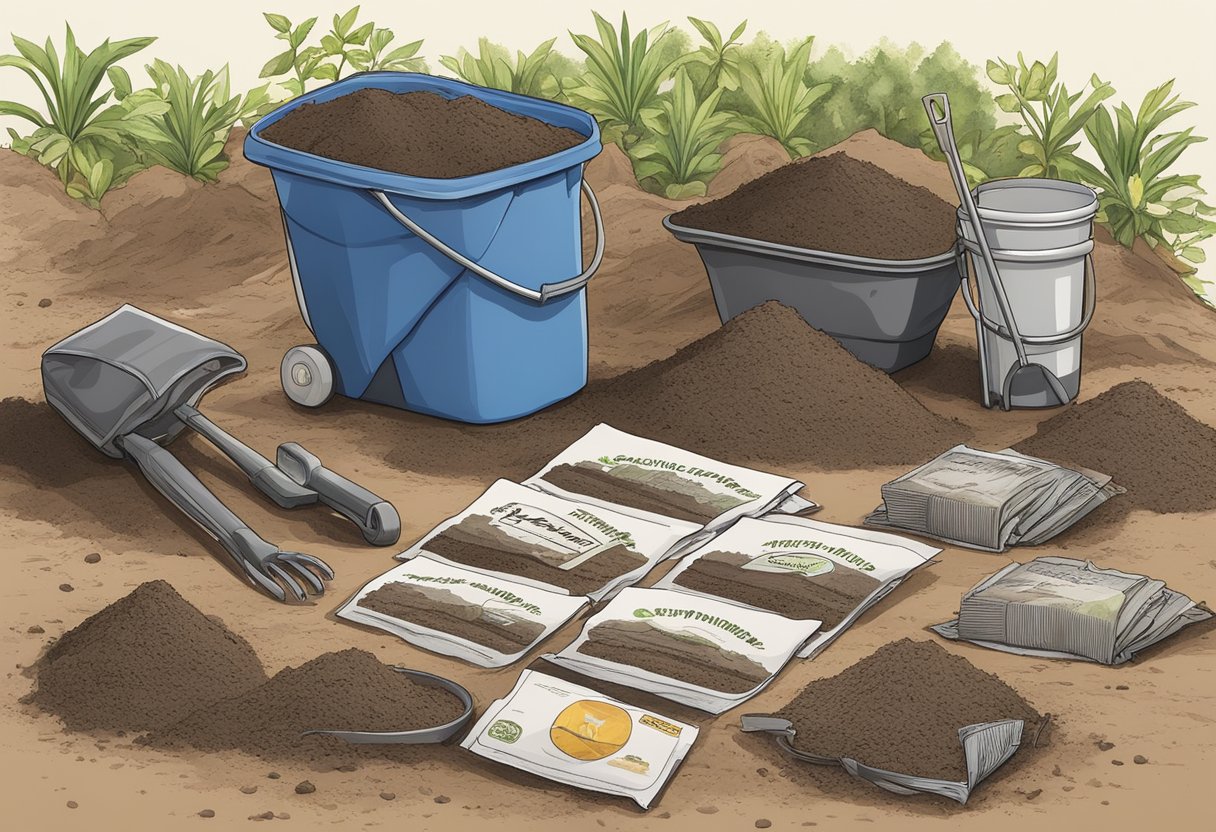 A barren plot of land, tools scattered about, bags of soil and compost ready for use, and a stack of seed packets waiting to be planted