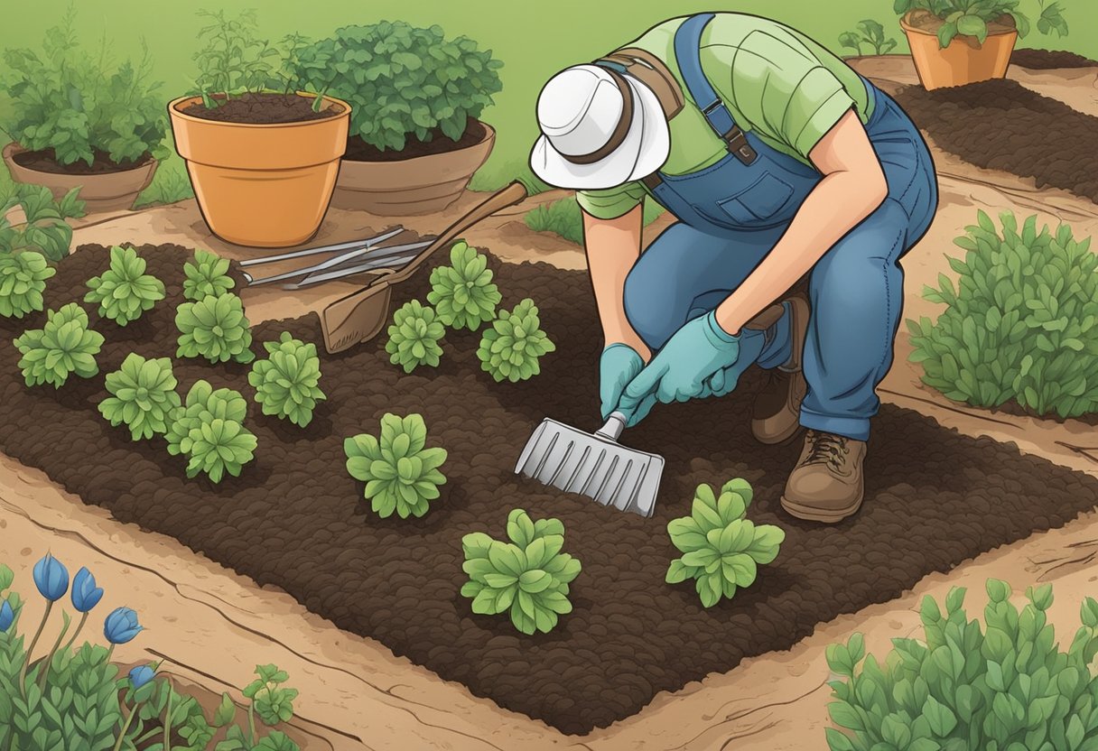 Seeds are being carefully placed in prepared soil, with a gardener's tools nearby. Instructional books are open, showing various planting techniques