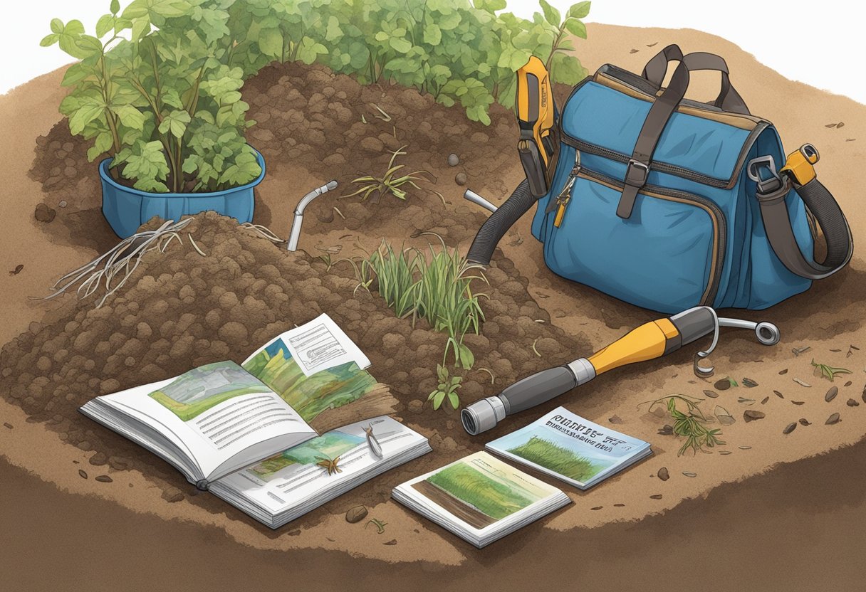 A barren patch of land, tools scattered around, bags of soil and seeds ready to be planted, a hose coiled up nearby, and a gardening book open to the first page