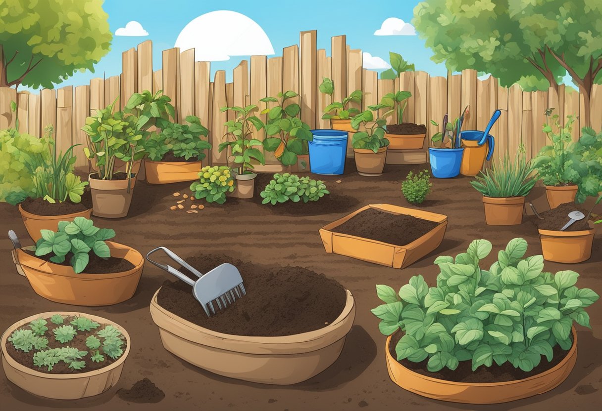 A plot of land with freshly turned soil, surrounded by gardening tools and seed packets. A clear blue sky overhead and the sun shining down, ready for planting