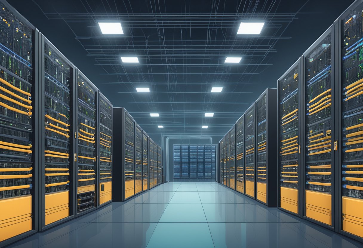 A data center filled with rows of servers and networking equipment, with cables neatly organized and technicians monitoring the systems for optimal performance