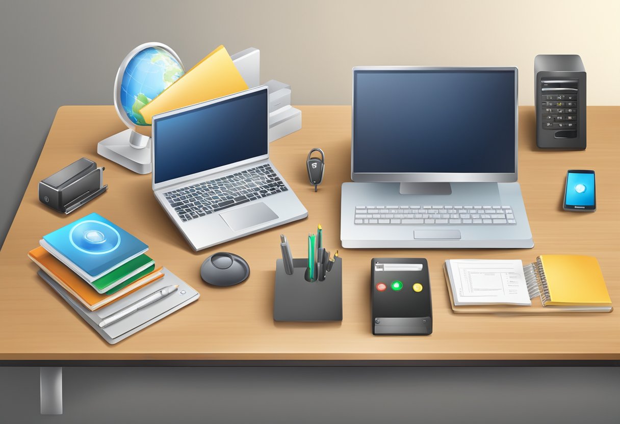 A desk with a computer, lock icon, and security tools