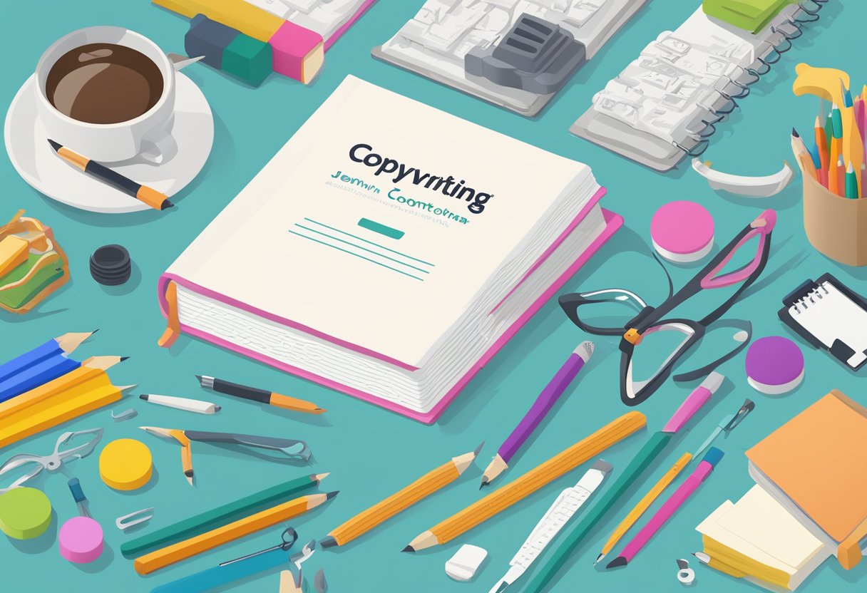 A book with the title "Copywriting: Pengertian, Jenis, Formula dan Contohnya" displayed prominently on the cover, surrounded by various writing tools and creative elements
