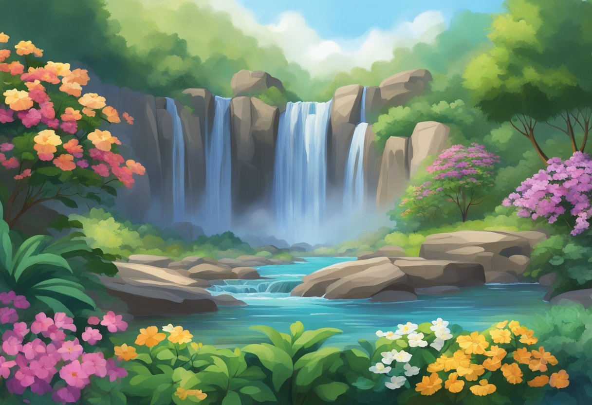 A cascading waterfall flows over rocky terrain, surrounded by lush greenery and colorful flowers. The water crashes into a pool below, creating a misty and serene atmosphere