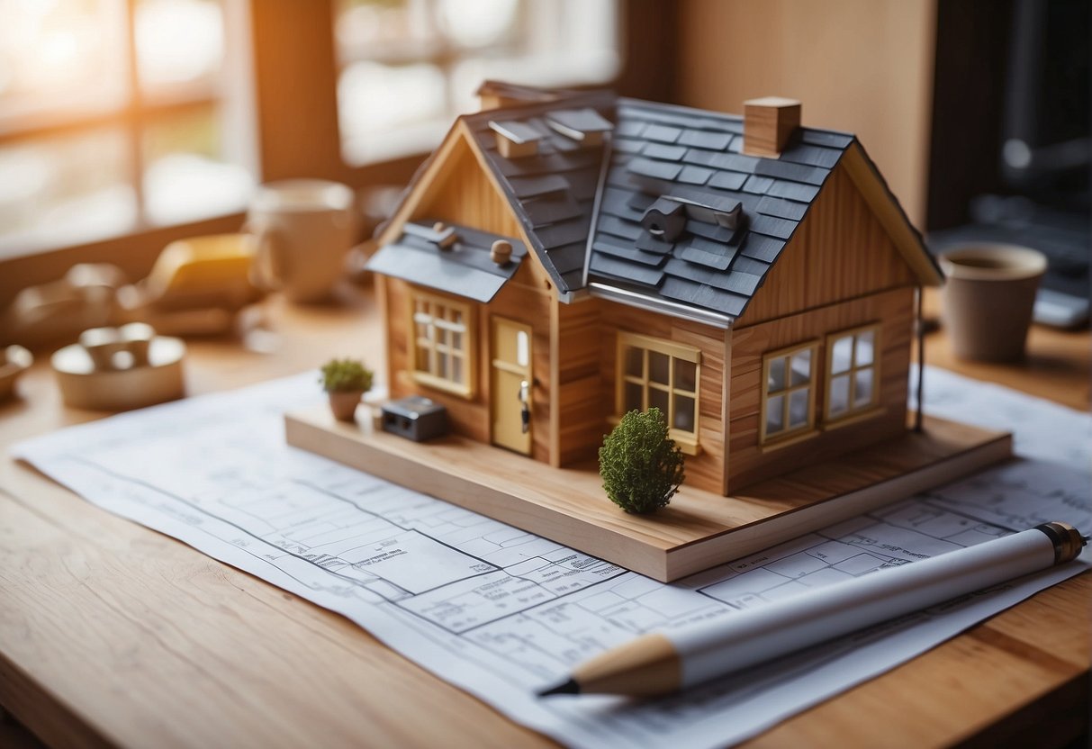 A tiny house blueprint surrounded by cost breakdown charts and materials like wood, insulation, and windows. A calculator and pencil sit nearby