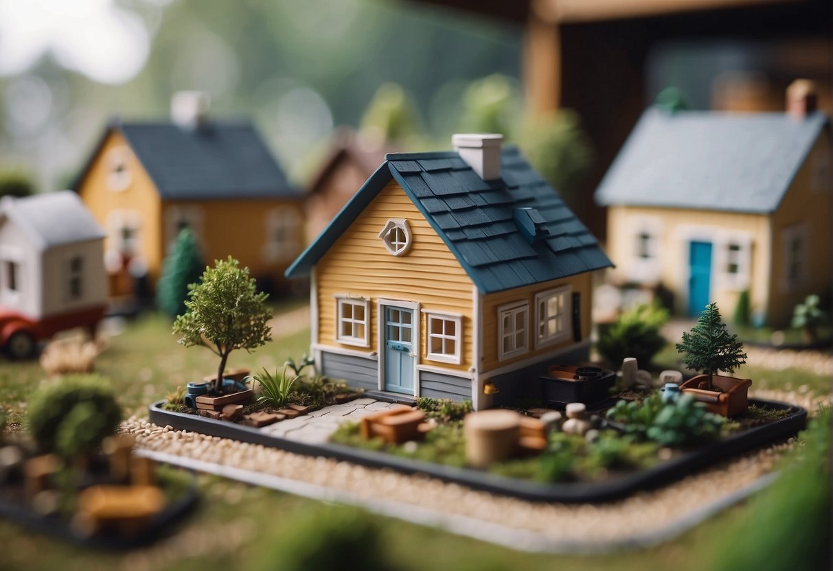 A tiny house surrounded by traditional homes, with a price tag and construction materials displayed nearby